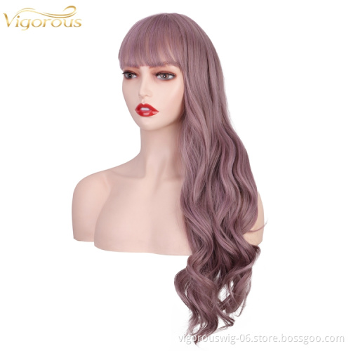 Vigorous Women's Purple Curly Long Wavy Wigs with Air Bangs Middle Part Synthetic Cosplay Wig for Girl Costume Wigs